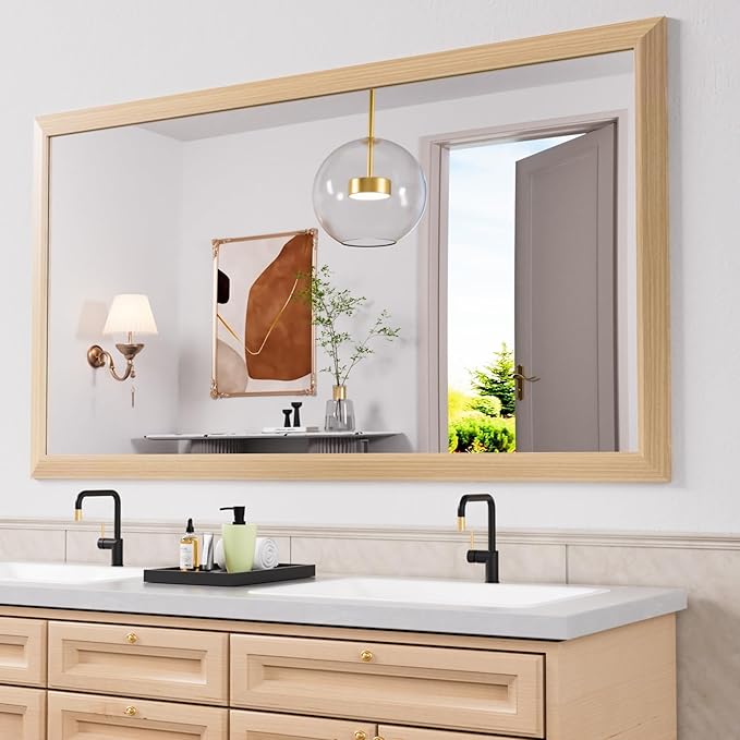 Amorho Bathroom Mirror, 72" X32" HD Reflection Metal Framed Mirror for Wall, Anti-Rust, Hang Horizontally/Vertically, Suitable for Bedroom, Farmhouse, Bathroom, entryway (Oak Wood Grain)