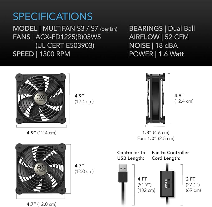 AC Infinity MULTIFAN S3, Quiet 120mm USB Fan, UL-Certified for Receiver DVR PlayStation Xbox Computer Cabinet Cooling