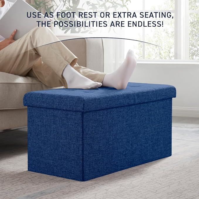 Ornavo Home Foldable Tufted Linen Large Storage Ottoman Bench Foot Rest Stool/Seat - 15" x 30" x 15" (Navy)