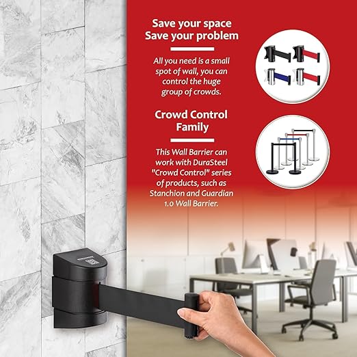 DuraSteel Wall Mount Retractable Belt Barrier - 6.5 Ft Black Safety Belt in Black Casing - Guardian 2.0 Indoor & Outdoor Do Not Cross Caution Tape for Crowd Control Queue Barrier, Line Divider, 10 Pcs