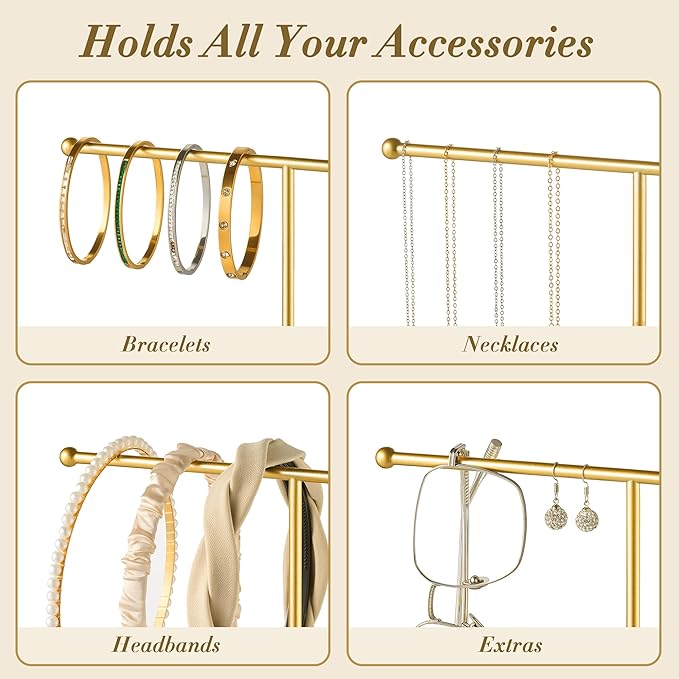 pickpiff Necklace Holder Stand: 2 Tier Jewelry Organizer with Marble Base, Gold Jewelry Tree Display for Bracelets, Rings, Earrings, Gold and White