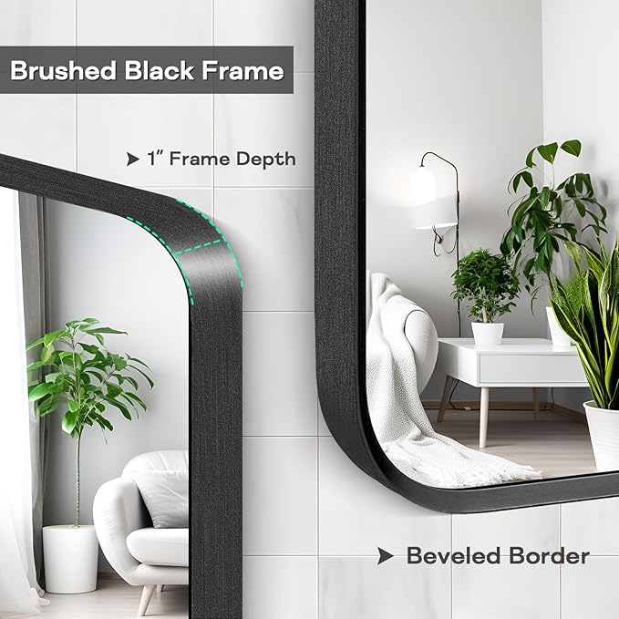 Black Framed Bathroom Mirror for Wall, Matte Black Rounded Corner Rectangle Vanity Mirror, Brushed Frame, Tempered Glass, Anti-Rust, Hangs Horizontally or Vertically (24" x 32", Black)