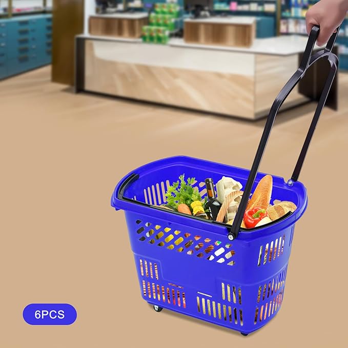 6PCS 35L Rolling Shopping Baskets with Wheels Portable Grocery Basket Set with Handles Plastic Shopping Cart for Supermarkets, Retail Stores, Bookstores (Blue)