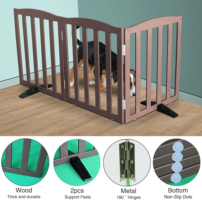 Freestanding Dog Gate Indoor,Doggie Gate Foldable Pet Gates for Doorways,Stairs or Hallways, Wooden Brown Pet Gate for The House, Pet Fence with Support Feet Included,32 "Height-3 Panels