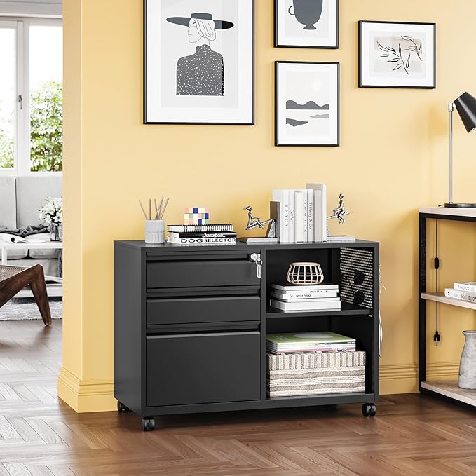 3 Drawer File Cabinet with Lock,Mobile Lateral Filing Cabinet,Metal Printer Stand Storage Cabinets with Shelves for Home Office(Black)