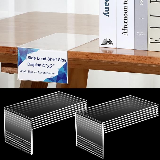 12 Pcs Acrylic Library Moveable Shelf Label Holders Bulk Talker 4" x 2" Clear Shelf Display Markers Retail Label Tags for Office Home Classroom Office Book Shelve