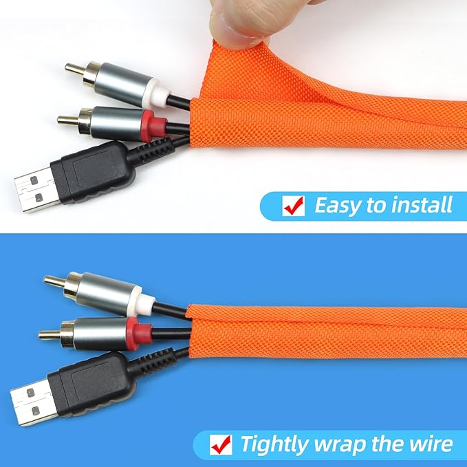 Automotive Wire Loom Tubing, Split Braided Cord Protectors from Pets No Chew, Flexible Cable Sleeve Cable Management for TV/Computer/Electric Wires (Orange, 1"-25ft)