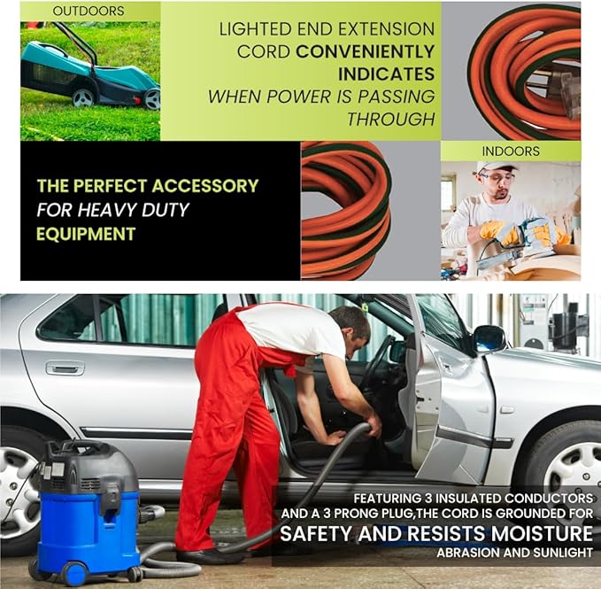 Go Green Power Inc. 14/3 50ft Outdoor Lighted Extension Cord - Heavy Duty, Contractor Grade, Moisture Resistant, Visible Power Indicator for Safety - Ideal for Tools & Equipment - GG-13850