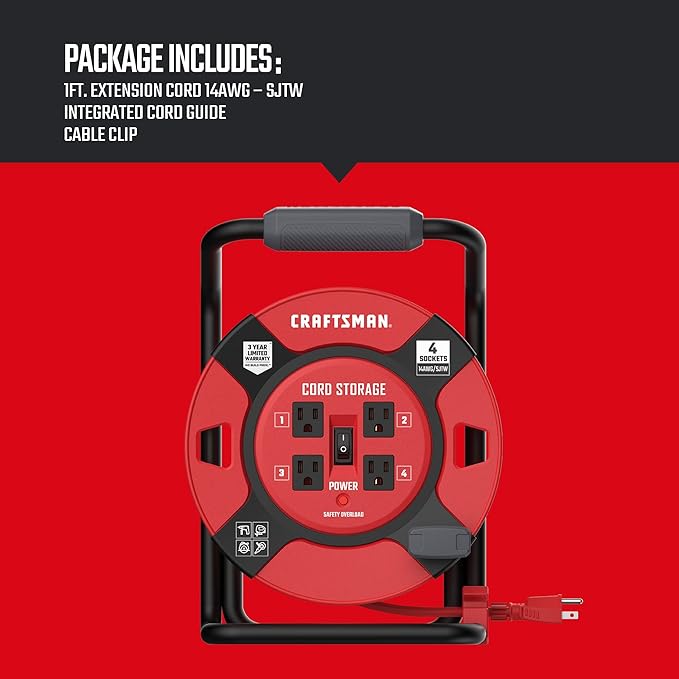 CRAFTSMAN Retractable Extension Cord Reel 1 Ft. with 4 Outlets, Cable Management & Heavy Duty 14AWG SJTW Cable