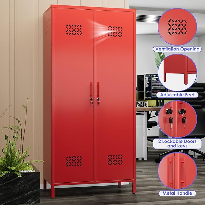Aobabo Metal Wardrobe Cabinets with Lock, 2 Door Metal Closet wtih 4 Adjustable Shelves and 2 Hannging Rod, Lockable Locker Cabinet, Storage Locker for Home, Office,Red, Assembly Required