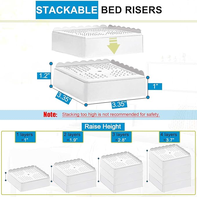 Bed Risers 1 inch, 2 inch, 3 inch, 4 inch Heavy Duty, Adjustable Furniture Riser for Table Desk Couch Sofa Chair Recliner Leg Frame Dorm, Stackable Bed Raisers Blocks (White 16 Pack, 1 inch)