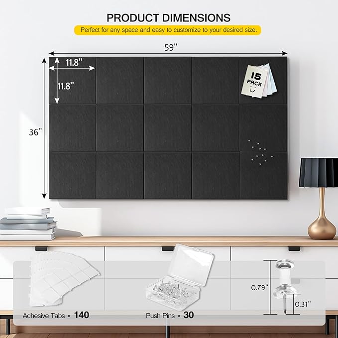 MAXECHO Large Cork Board for Wall 59" × 36", Black Bulletin Board, 15 Pack Felt Wall Tiles with Pushpins for Office Corkboard Tack Board Push Pin Board Felt Board