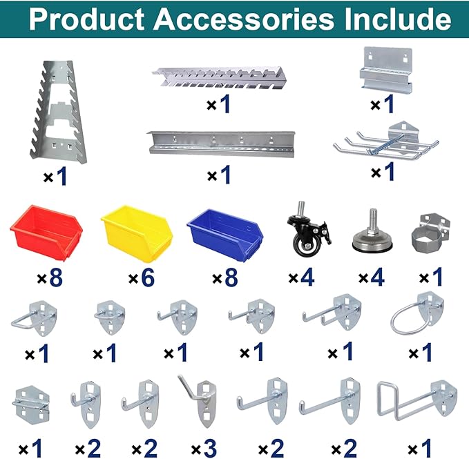 Heavy Duty Metal Shelving Unit, Mobile Garage Storage Rack with Adjustable Shelves, Tool Hooks & Organizer Bins for Screw, Bolt & Parts Organization