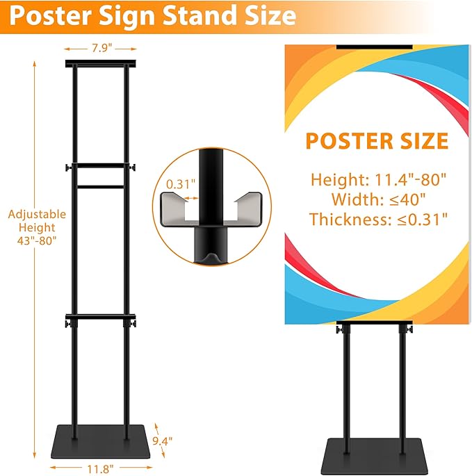 Poster Stand Heavy Duty - Adjustable Pedestal Sign Stand Double-Sided Poster Stands for Display Foam Banner, Poster Board Stand Floor Standing Sign Holder Height Up to 80 Inch, Black 1Pack