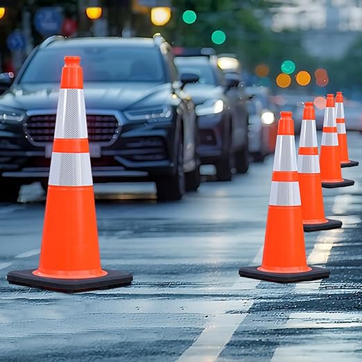 6 Pack 28 Inch Orange Traffic Cones with Reflective Bands, Heavy Duty Black Base Safety Cones for Road Work, Event Traffic and Outdoor Security (6, Orange, 28 Inch)