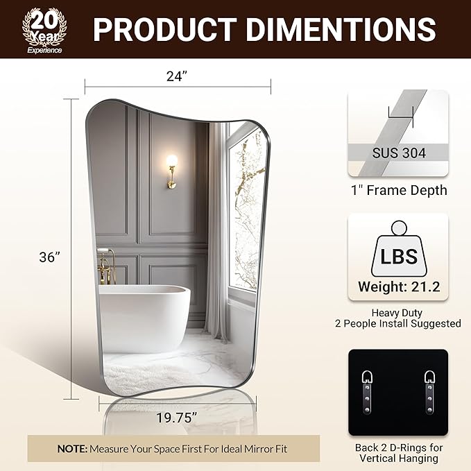 ANDY STAR Brushed Nickel Mirror, 24x36 Inch Scalloped Mirror, Unique Bathroom Mirror with Rust-Proof Stainless Steel Metal Frame, Ideal for Entryway, Powder Room