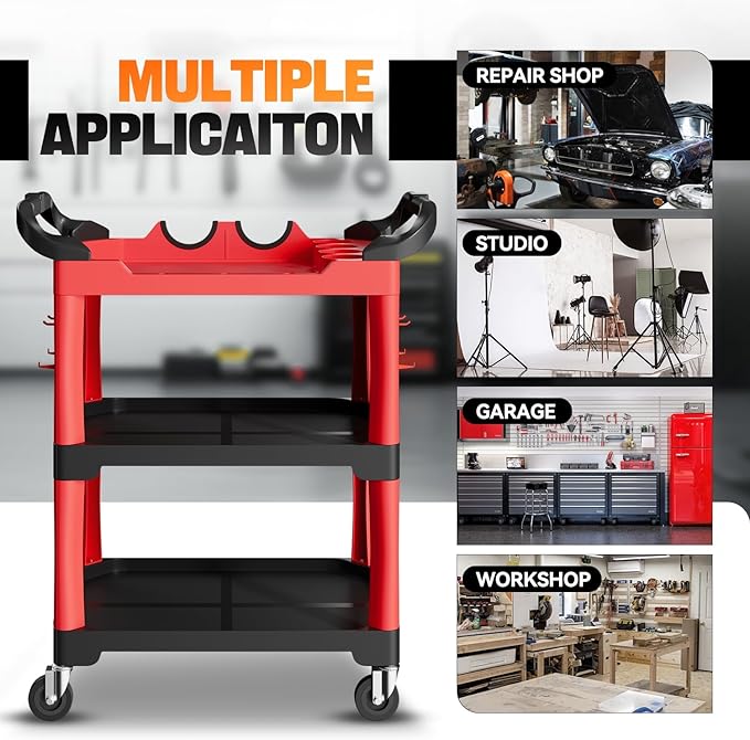 Auto Dynasty 3-Level Rolling Cart Trolley Storage Detailing Cart with Cup Holders Pegboard 120 kg/260 Lbs Capacity on Wheels Fits Garage, Warehouse, Home and Workshop, Black/Red