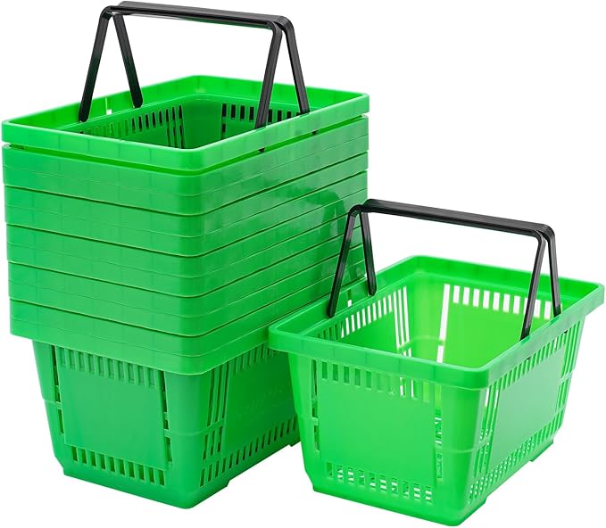 12 Pack Commercial Shopping Baskets - 28L Black/Yellow/Green Nesting Stackable Bins with Invisible Handle for Retail, Supermarket, Warehouse Durable Store Basket (Green)