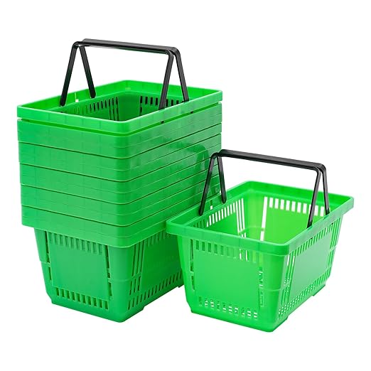 12Pcs 18L Shopping Baskets with Handles, Portable Plastic Retail Grocery Baskets Large Capacity for Stores, Supermarket, Retail, Groceries Shopping (Green)