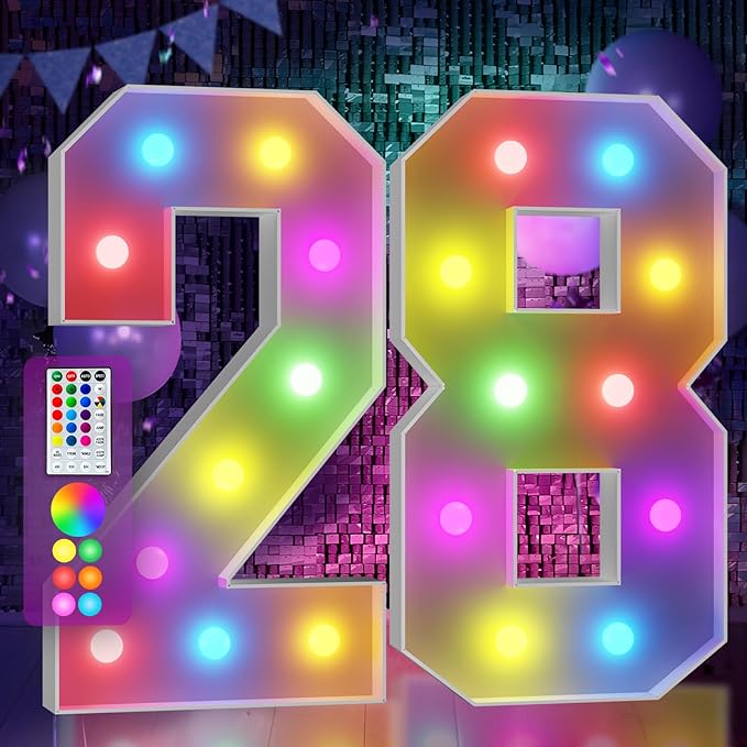 Marquee Numbers Colorful 28th Birthday Decoration: 4FT Large Light Up 28 Year Old Birthday Decorations Anniversary Backdrop Cardboard Sign 18 Colors Number 28 Mosaic Balloon Frame