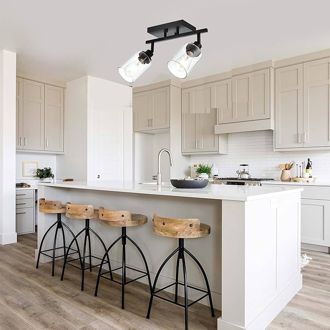 2-Light Track Lighting Kit Black Track Lighting Fixtures Bathroom Wall Sconces Ceiling Mount Kitchen Tracking Lights, Rotatable Spotlight with Clear Glass Shade for Kitchen Shop Hallway