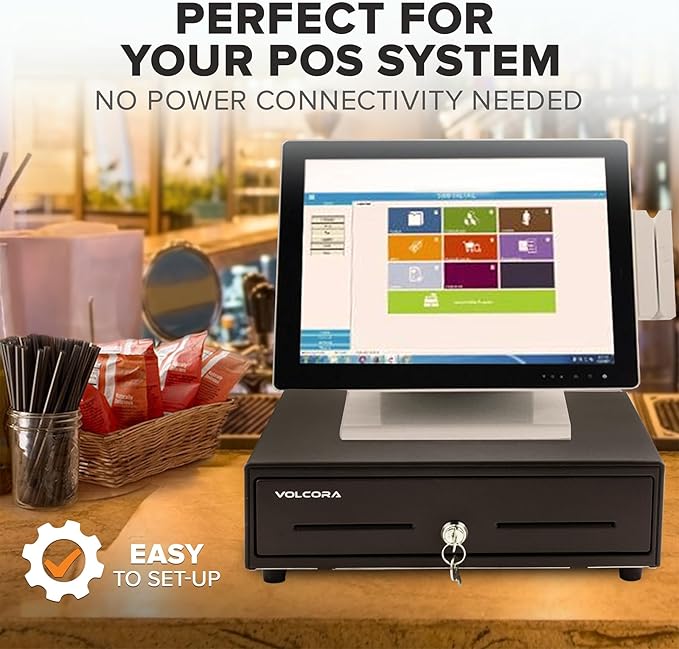 Volcora 16" Push Open Cash Register Drawer for Point of Sale (POS) System, Partial Removable Black Heavy Duty Till with 5 Bills/8 Coin Slots, Key Lock and Double Media Slots