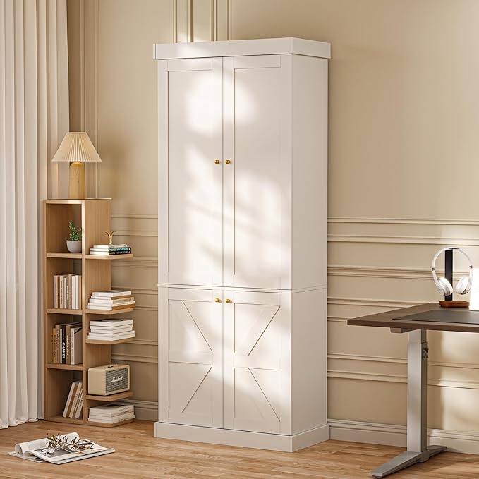 70.8" Tall Farmhouse Kitchen Pantry Cabinet with Doors, Modular Storage Cabinet with 4-Tier Adjustable Shelves, White, Wooden Hutch for Kitchen, Living Room, Set of 4