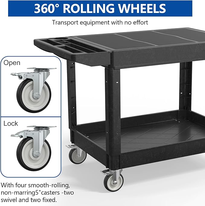 550LBS Utility Cart, Flat top 46x25 Inch Utility Cart with Wheels,Heavy Duty Service Cart-Lipped Shelves,Ergonomic Storage Handle and Swivel Wheels for Warehouse, Garage, Cleaning,Black