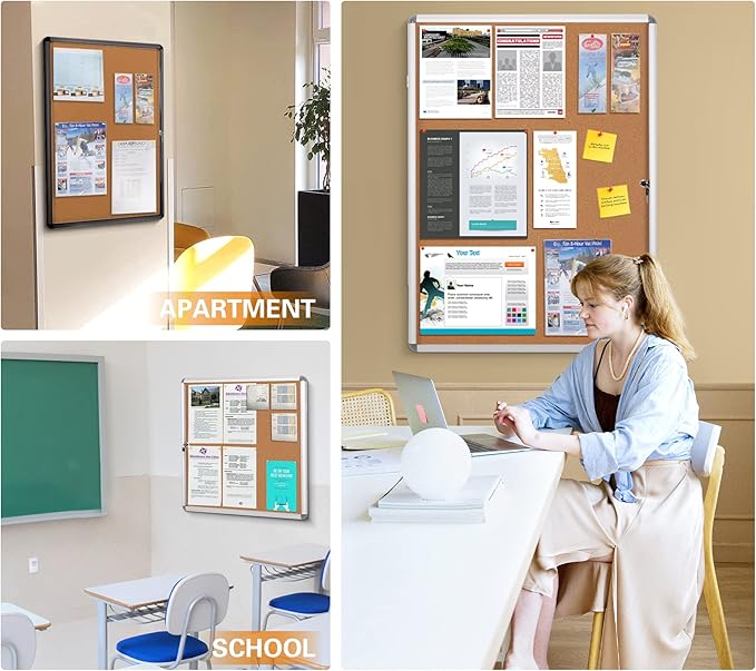 SWANCROWN Enclosed Bulletin Board,Lockable Cork Noticeboard for School Office,Wall Display Case with Lock 20"x14"(2xA4)