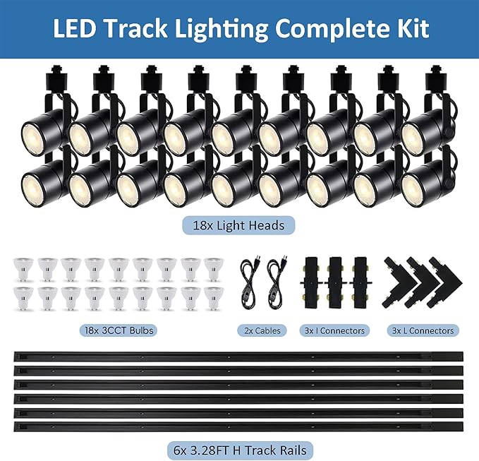 Dimmable LED GU10 Track Lighting Kit with Replaceable GU10 Bulbs, 18-Pack All-in-One Plug in 3CCT Ceiling Spotlights with 19.68FT Track Rails, Accent Lighting for Home, Store, Moblie Cart and Office