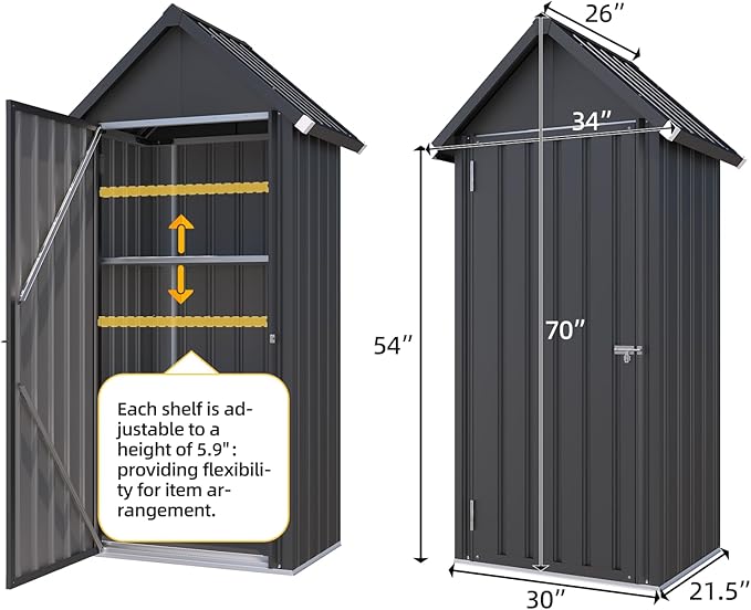 AECOJOY Outdoor Storage Cabinet Waterproof with Adjustable Shelves, Vertical Tall Storage Shed with Lockable Door, All Weather Mental Sheds & Outdoor Storage Clearance for Outside in Dark Grey