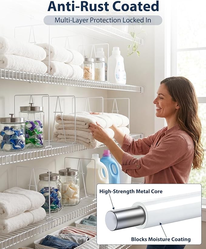 8 Pack Wire Shelf Dividers for Closet, Solid Coated Metal Closet Dividers for Closet Organization, Easy Install Closet Shelf Divider for 12'' Tall x 12'' Deep Wire Shelves and Storage, White