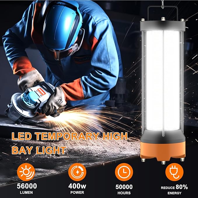 400W LED Temporary Work Light, 56000 LM 5000K Daylight White IPX8 Waterproof Job Site Construction Lighting, High-Brightness Portable Temp Lighting for Outdoor and Industrial Use