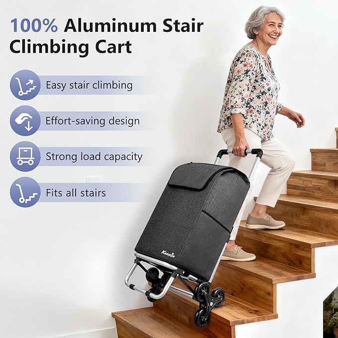 KEDSUM 2 in 1 Aluminum Alloy Stair Climbing Cart, 300LBS Grocery Cart on Wheels, Foldable Shopping Carts with Waterproof Oxford Black Bag for Groceries, Lightweight & Durable Aluminum Frame