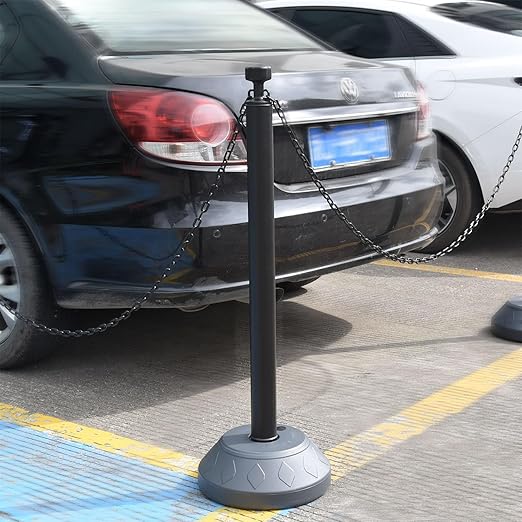 6-Set Pack 40" inch Black Work Zone Chain Post Set, Traffic Queue Delineator Post Cones, 6 x 6.6' Feet Plastic Chains, Portable Crowd Control Stanchions Set (Black-Water Filled Base)