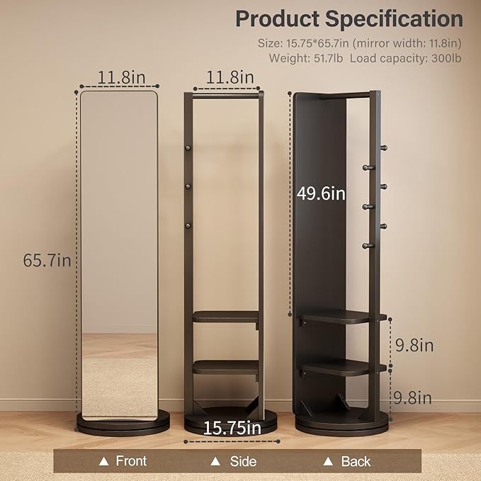 WoodsWhisper Full Length Mirror Coat Rack Solid Wood Floor Mirror 66"x12" Full Length Mirror with Stand Long Mirrors for Bedroom,Living Room