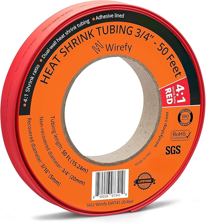 Wirefy 3/4" Heat Shrink Tubing - Large Diameter - 4:1 Ratio - Adhesive Lined - Industrial Heat-Shrink Tubing - 50 Feet Roll - Red