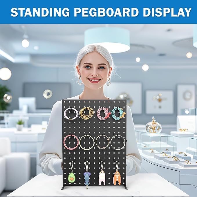 2 Pcs Metal Pegboard Display Stand with 24 Peg Hooks for Retail Crafe Shows&Fairs,Black Merchandise Display Rack for Seling Accessories,Display Stands for Boutique,Stores(16*12 inch)