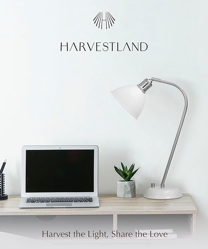 HarvestLand Halo Silver White Adjustable Desk Lamp – Reading Lamp, Pharmacy Style Metal Desk Lamp, Industrial Table Lamp with Solid Base for Bedside Table, Task Lamp Home Office, Christmas Gifts