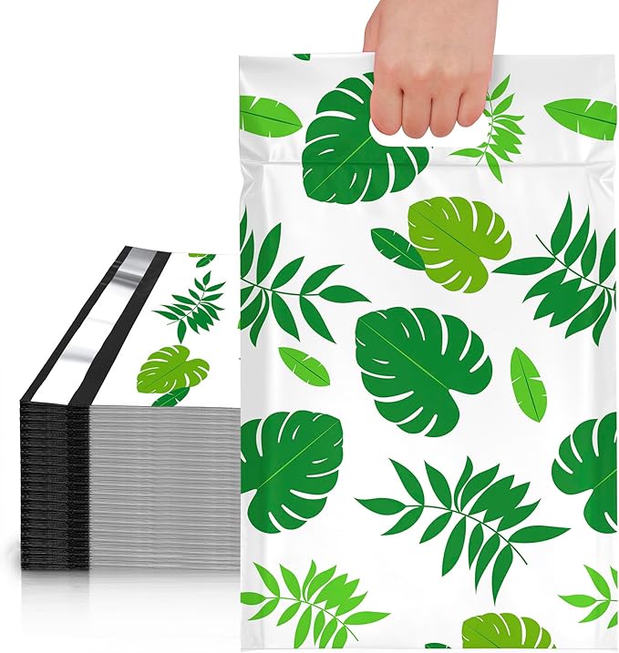 JinRuiKJ Poly Mailers with Handle 10x13 Inch 25 Pcs, Easy to Carry Packaging Bags for Small Business, Thank You Shipping Bags with Self Adhesive Strip, Tearproof and Waterproof - Trpoical Leaves
