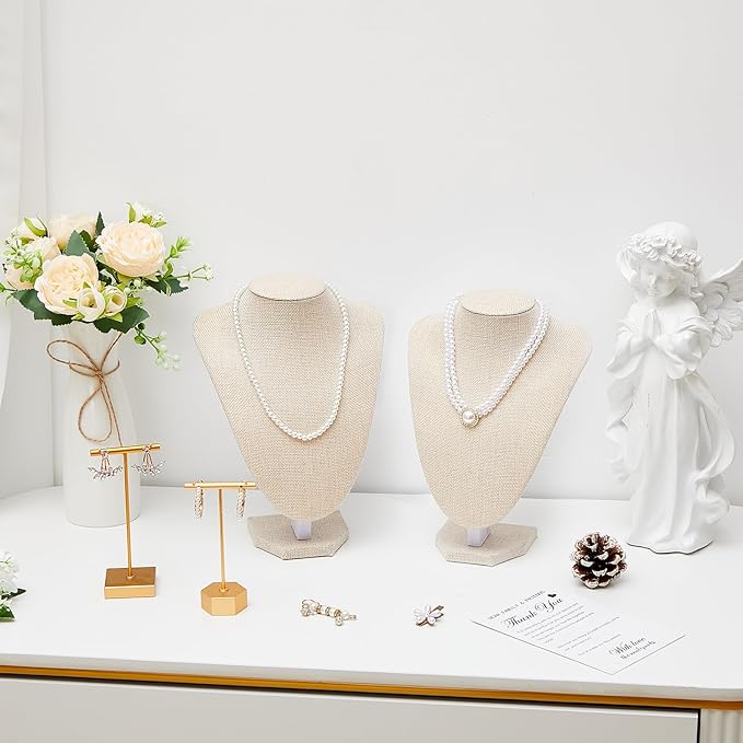 6 Pcs Necklace Display Stand Necklace Holder Jewelry Bust Display Stands for Selling Home Store Trade Shows Photography Props Retail(Flaxen,Linen)