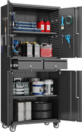 Metal Garage Storage Cabinet with 2 Drawers and 2 Adjustable Shelves, Rolling Tool Storage Cabinet with Wheels and Locking Doors for Garage, Warehouse, Black