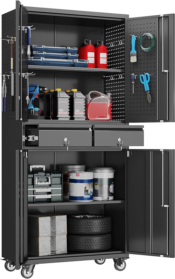 Aobabo 71" H 2 Drawer Metal Storage Cabinet with Wheels and 4 Pegboards,Lockable Steel Garage Storage Cabinet with 2 Adjustable Shelves,Black,Assembly Required