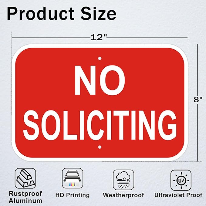 2 Pack No Soliciting Sign, Heavy Duty Aluminum, 12 x 8 inches, Red and White, for Home and Business