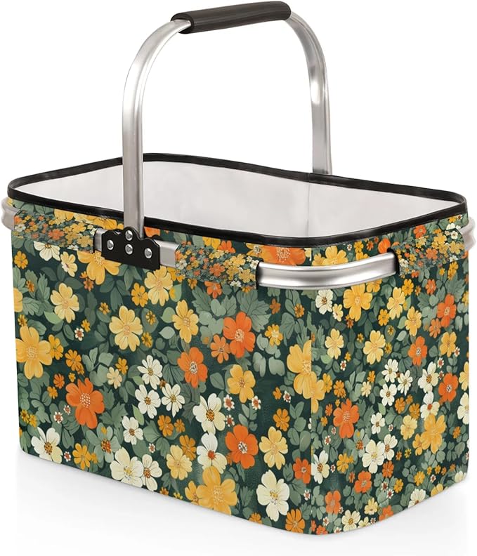 Collapsible Picnic Basket with Handle, Shopping Basket Aluminum Frame, Grocery Basket Tote for Women, Farmers Market Basket, Harvest Baskets Camping Travel Portable Beach Bag (Flowers Green)