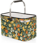 Collapsible Picnic Basket with Handle, Shopping Basket Aluminum Frame, Grocery Basket Tote for Women, Farmers Market Basket, Harvest Baskets Camping Travel Portable Beach Bag (Flowers Green)