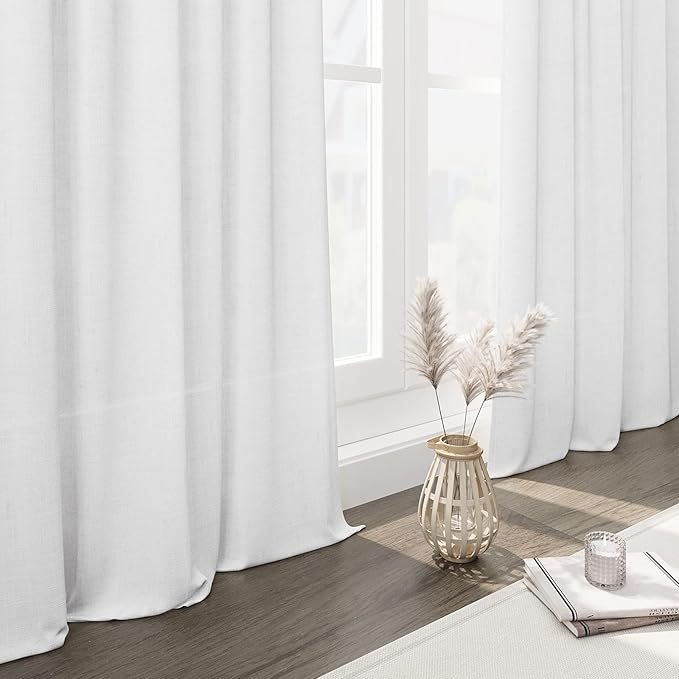 Nanspring Semi Sheer Linen Curtains 90 Inches Long for Living Room 2 Panels Set Back Tab Rod Pocket White Tall Vertical Curtains Light Filter Privacy Curtain Drapes for Bedroom Aesthetic 60x90