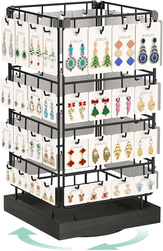 EsLuker.ly Rotating Earring Display Holder Stand for Vendors Events Selling, Large Capacity 64 Hooks Jewelry Rack with Wooden Base for Earring Card Sales, Enhances Retail Visibility