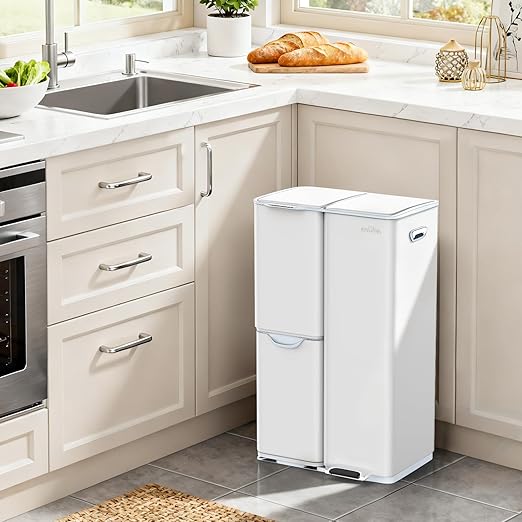 mVm Kitchen Trash Can, 60 Liter / 16 Gallon 3-in-1 Garbage Can for Wet/Dry Waste Sorting, Recycling Bin with Foot-Pedal, Soft-Close,Anti-Fingerprint,Stainless Steel Trash Can for Kitchen,Living Room