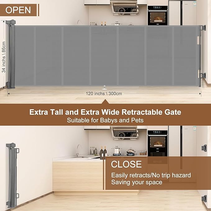 100 inch Retractable Baby Gates 34 inch Tall, Retractable Gate with Reinforced Strip Design to Prevent Crawling Through, 8 FT Extra Wide Retractable Dog Gate for Indoor/Outdoor